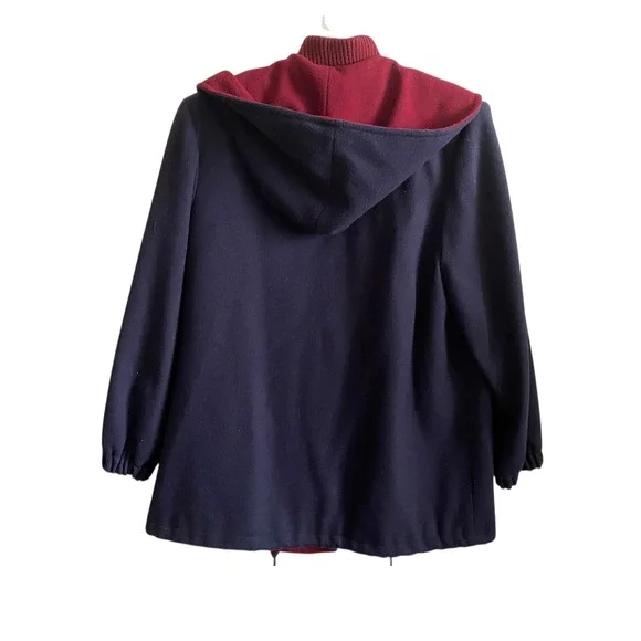 Preston & York Women's Navy Red Merino Wool Hooded Coat Size 10 Heavy Jacket - Picture 3 of 6